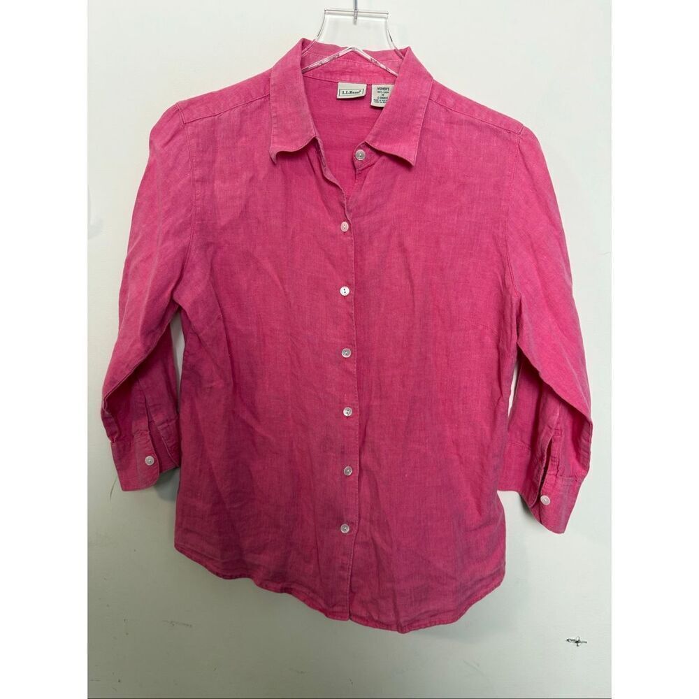 L.L. Bean 0DNH4 Women’s Medium 100% Linen Button Front Shirt Raspberry Pink